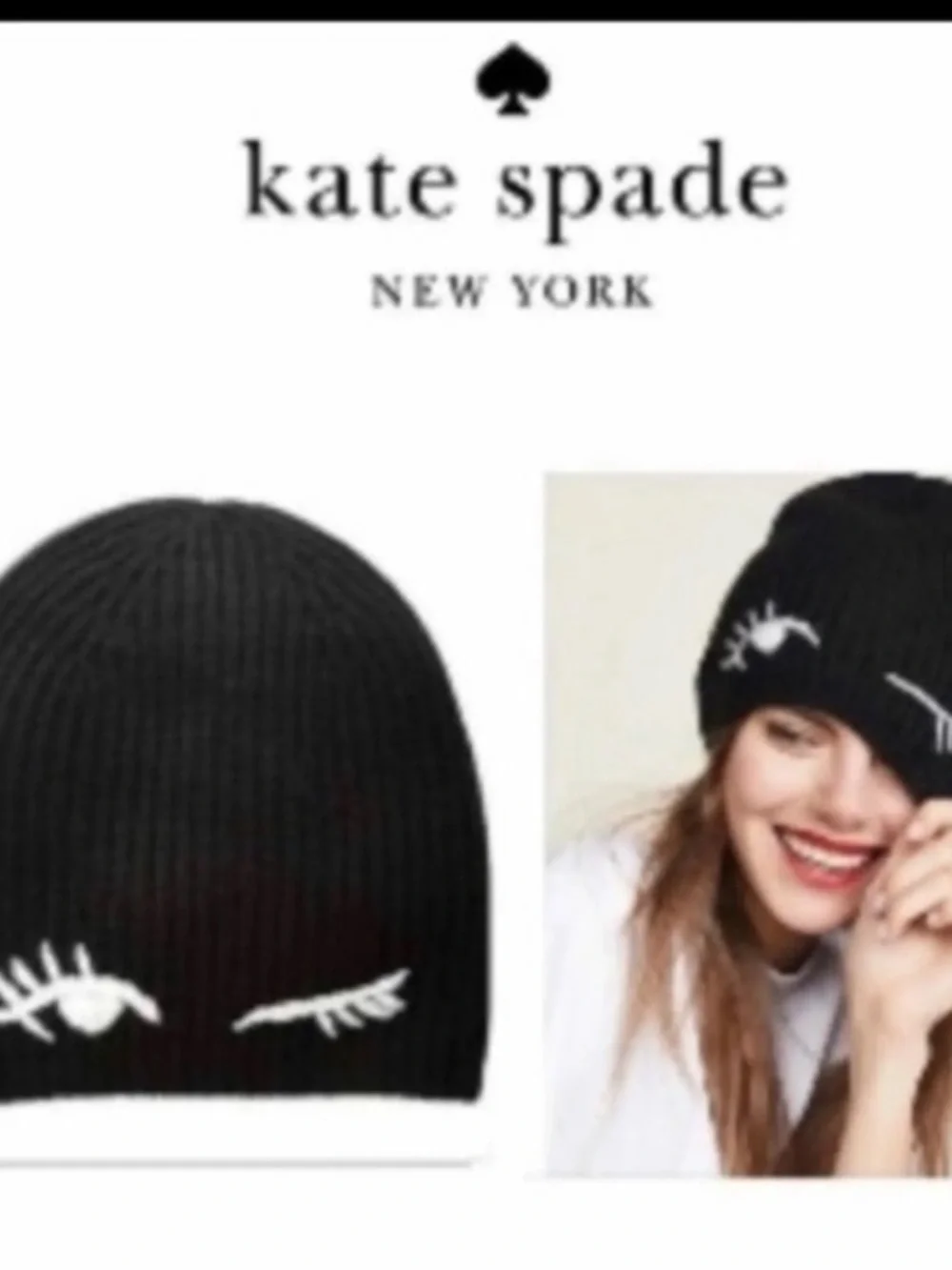 kate spade Black wool blend Knit Beanie with White Eyelash Motif
